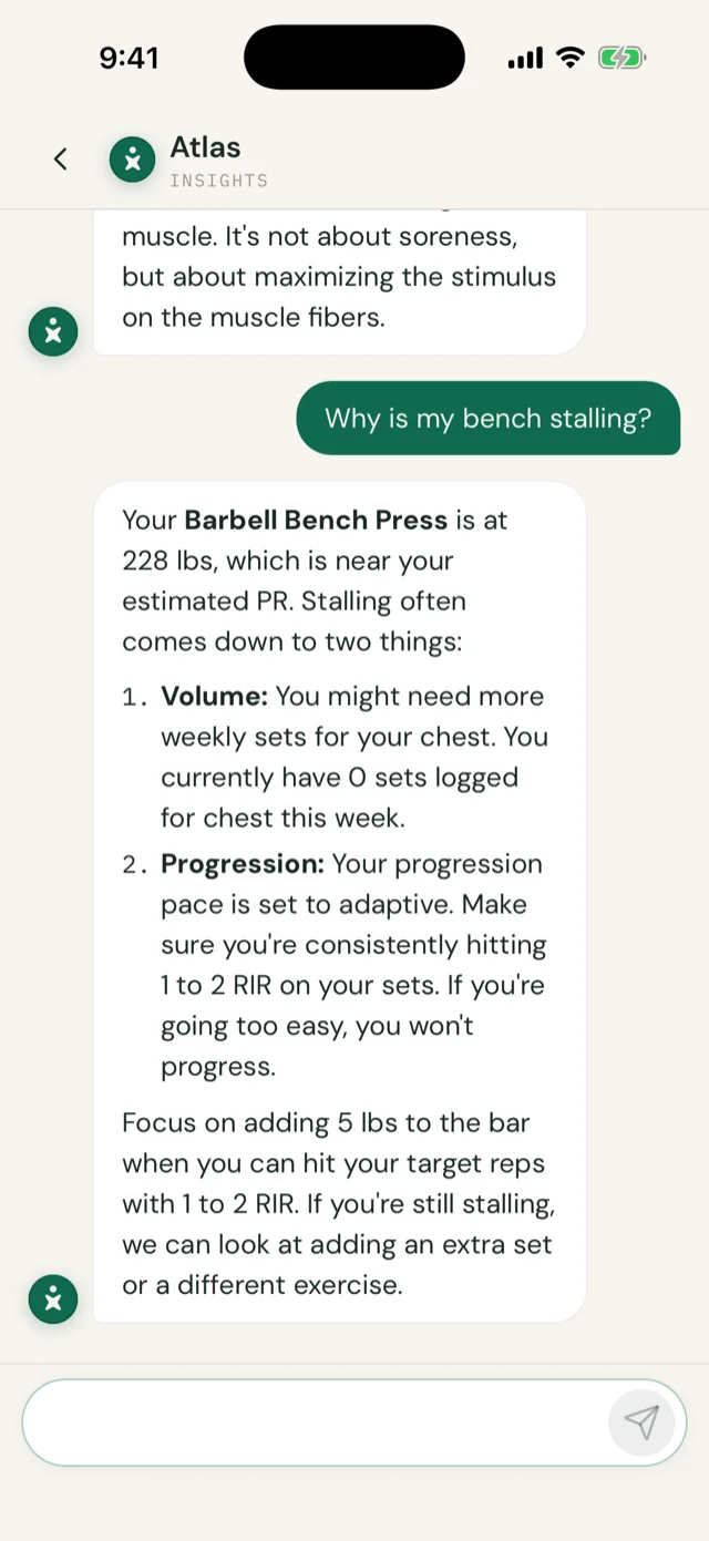Atlas chat answering 'Why is my bench stalling?' with specific advice drawn from logged training data