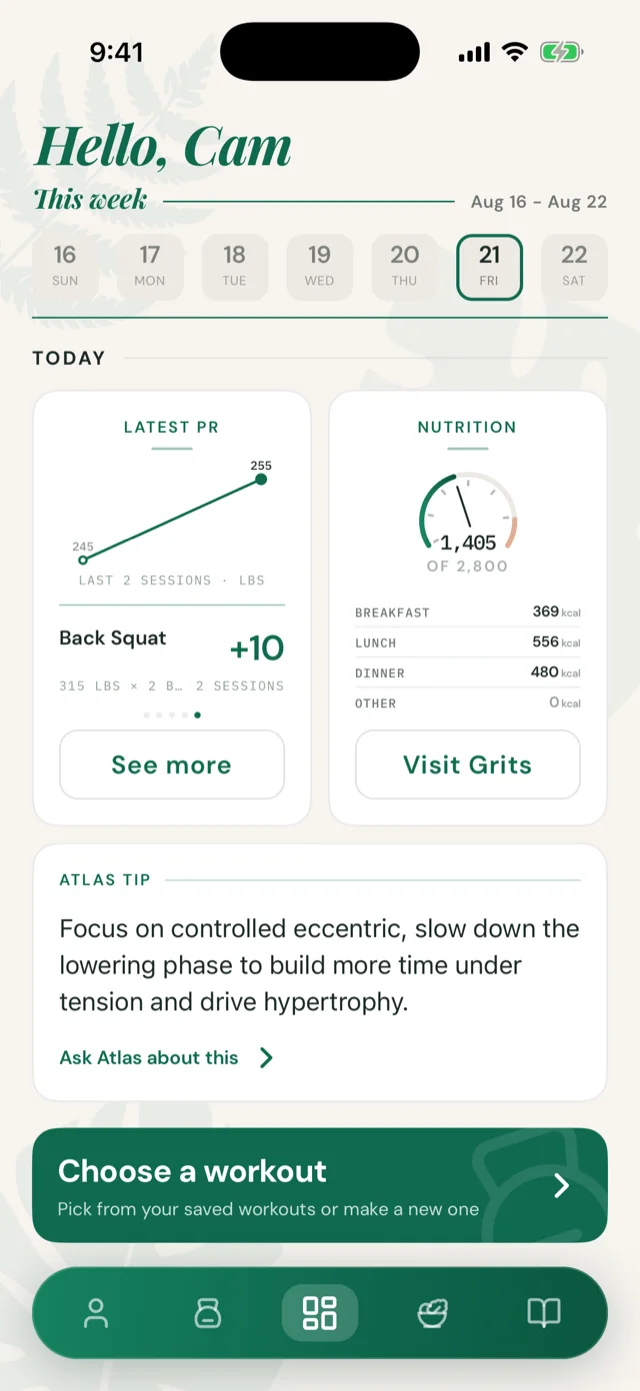 Iron & Grits home screen: latest PR chart for back squat, calories and macros remaining, and an Atlas coaching tip
