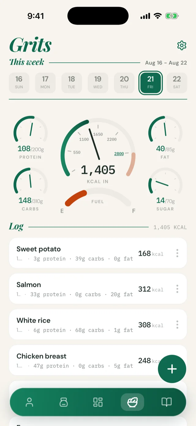 Grits nutrition screen: macro gauges and a food log with sweet potato, salmon, white rice and chicken breast